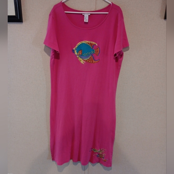Vintage Go Softly Patip Pink Fish Print Dress 100%cotton Size L - Picture 1 of 8